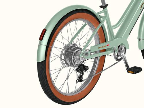 Close-up of the Chatham Rev+ 2 Beach Cruiser Electric Bike's rear wheel.