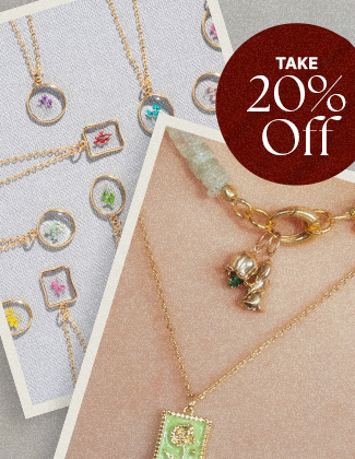 A collage of images of gold jewelry with a badge that reads take 20% off