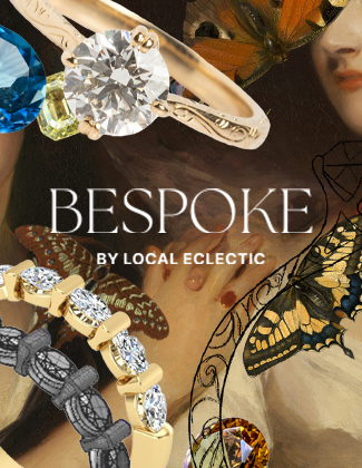 A collage of antique imagery, butterflies, gold rings, gemstones and hand drawn details