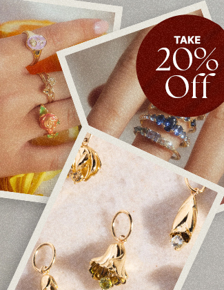 A collage of images of gold jewelry with a badge that reads take 20% off