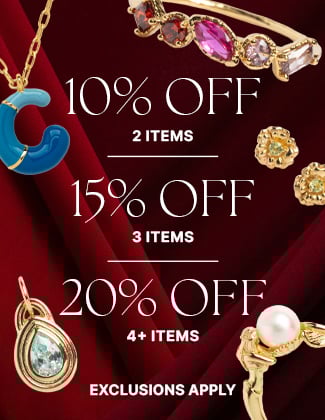 Collage of jewelry over a red fabric background with text that reads: 10% Off 2 Items,15% Off 3 Items, 20% Off 4+ Items, Exclusions Apply