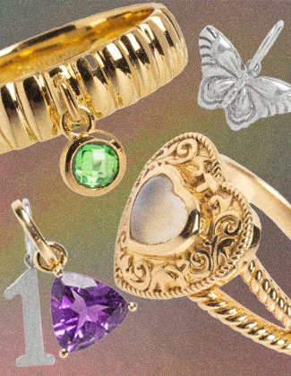 Collage of gold and silver jewelry over a green and purple gradient background