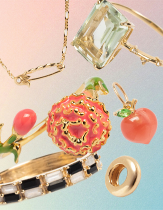 Collage image of assorted gold and gemstone jewelry on a pink and blue background