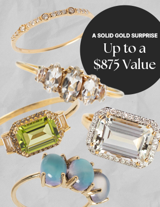 Gold gemstone rings collaged over a grey background