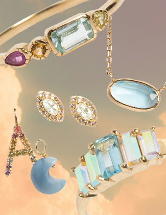 Collage of gold gemstone jewelry over a pastel background