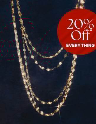 5 gold chains in different lengths dangling in front of a dark blue background with a badge that reads 20% off