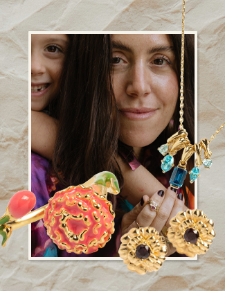A close up photo of  woman and her daughter with colorful jewelry collaged over top