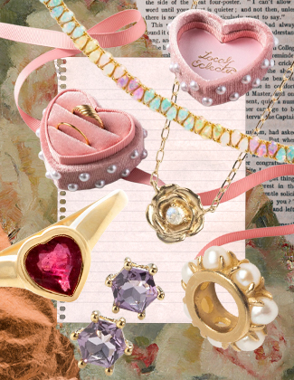 Collage of gold gemstone jewelry and a pink velvet ring box