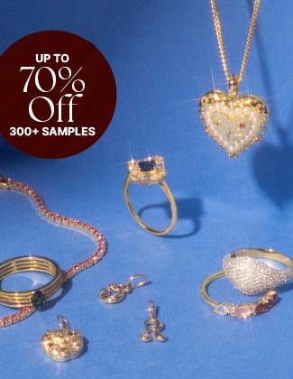 Gold gemstone jewelry on a medium blue background with badge that reads up to 70% off 300+ samples