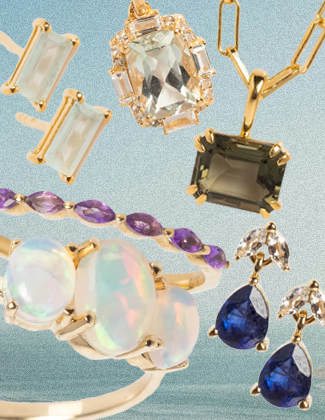 A collage of gold gemstone jewelry over a light blue background