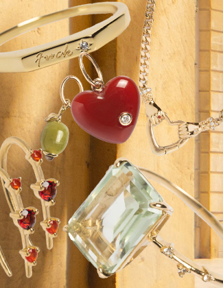 Collage of gold gemstone jewelry over a yellow background image