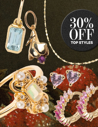 A collage of gold gemstone jewelry over a floral background with a badge that reads 30% off top gifts