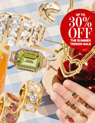 Close up of gold jewelry on a light blue and white checkered background with text that says up to 30% off
