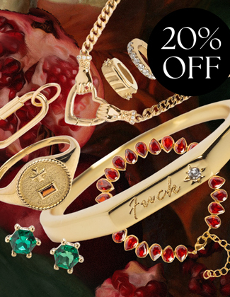 Rings, necklaces, and earring on a blue backdrop featuring Sample Sale, up to 55% off
