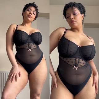 Curvy Kate Frill Me Balcony Bodysuit Black/Pink as worn by @moniquesmoods