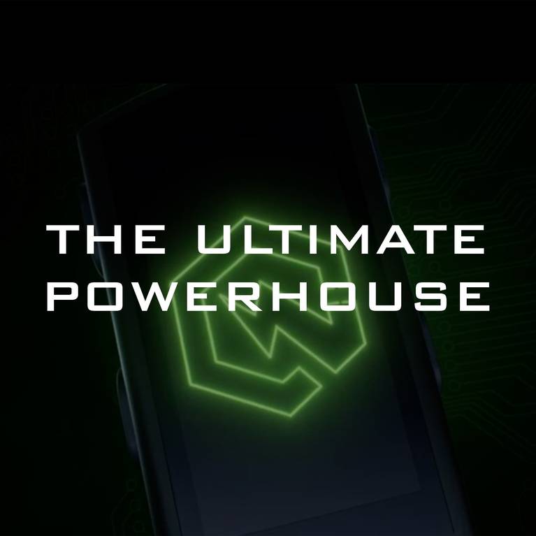 "The ultimate powerhouse" text over a glowing green logo on a screen.