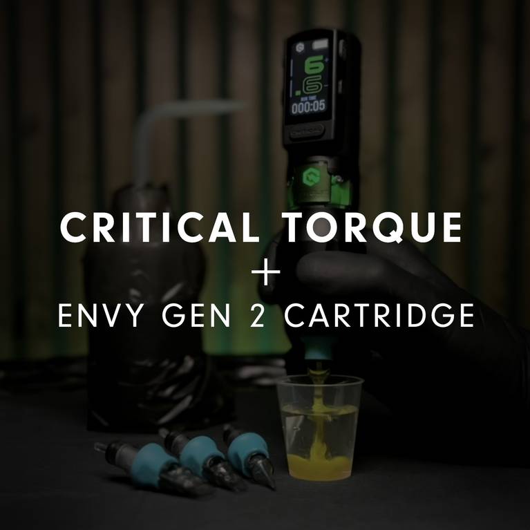 Critical Torque and Envy Gen 2 Cartridge held above a cup by a gloved hand.
