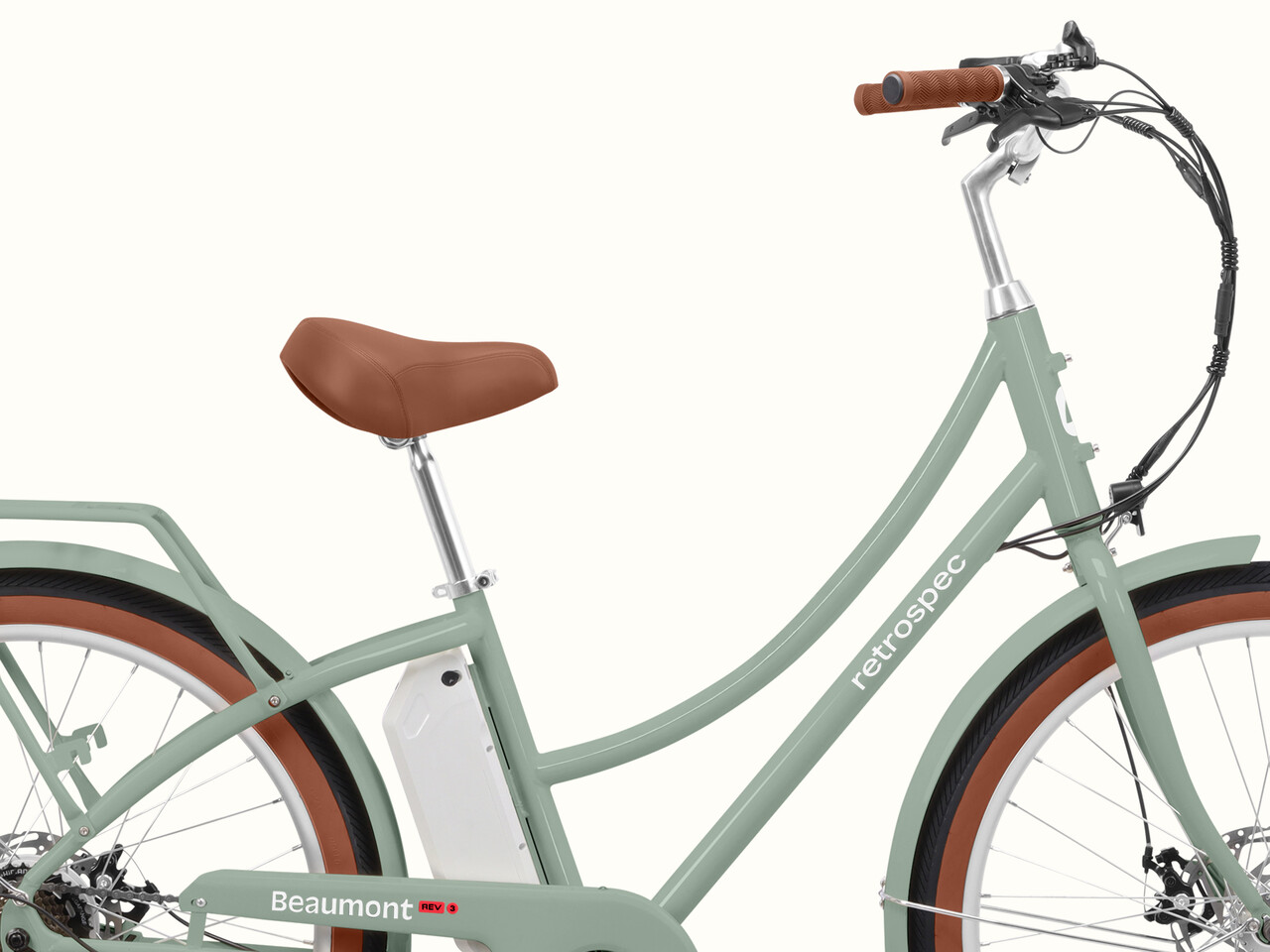 The Beaumont Rev 3 City Electric Bike - Step Through frame in mint on a white background.

