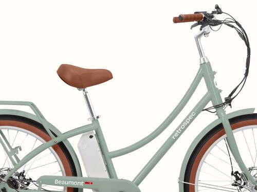 The Beaumont Rev 3 City Electric Bike - Step Through frame in mint on a white background.

