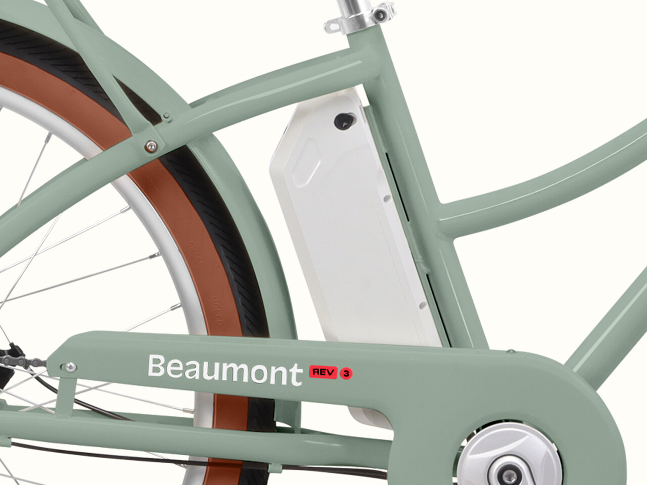A close-up of the Beaumont Rev 3 City Electric Bike - Step Through's batttery.