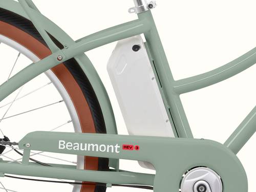 A close-up of the Beaumont Rev 3 City Electric Bike - Step Through's batttery.