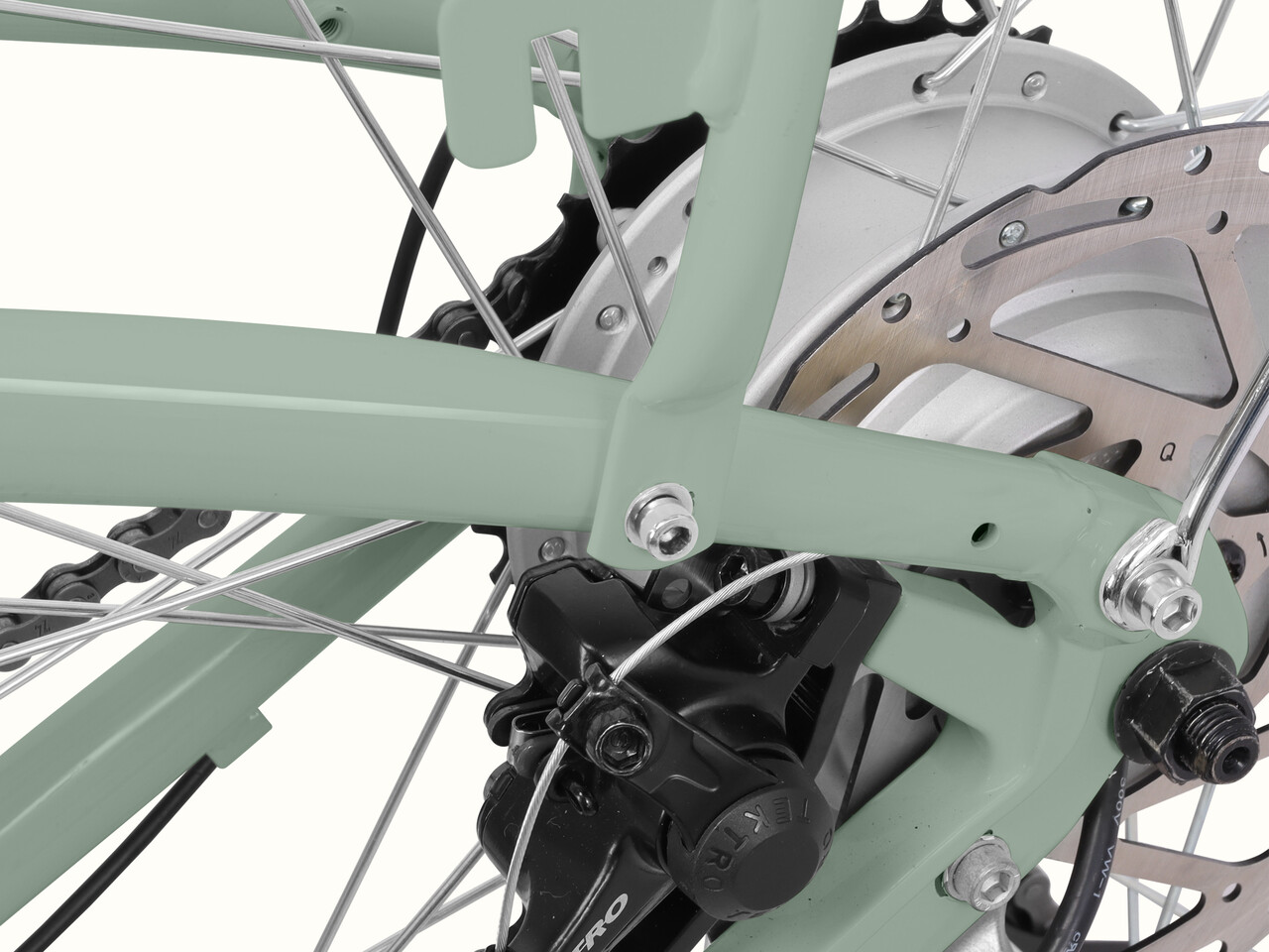 A close-up of the Beaumont Rev 3 City Electric Bike - Step Through's disc brakes.