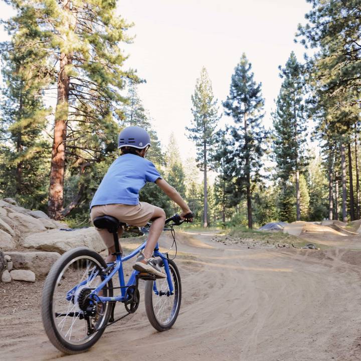 A boy riding a blue Dart 20” Kids 7 Speed Bike along a dirt road surrounded by greenery.