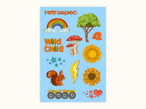 A collection of colorful stickers featuring nature, hearts, and playful designs, including a rainbow, squirrel, and sunflowers.