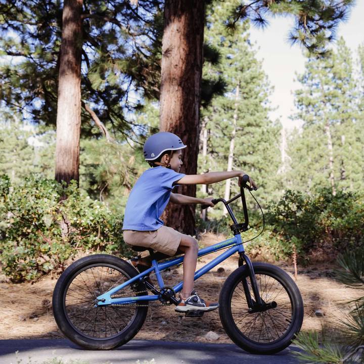 A child rides a blue Sesh 20" Youth BMX Bike on a forest path, wearing a blue shirt and khaki shorts, with trees and greenery in the background.