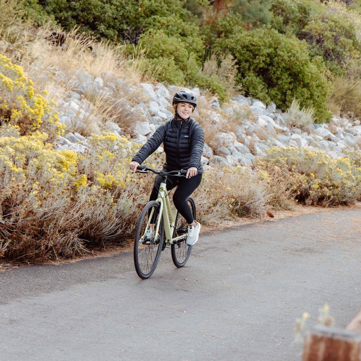 A person rides a light green bicycle on a pathway surrounded by yellow flowers and rocky terrain.