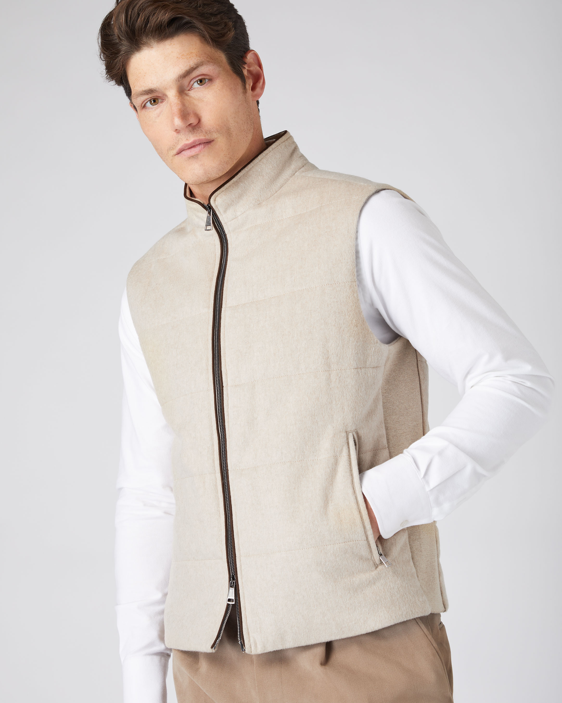 Men's Rib Side Woven Cashmere Gilet Oatmeal Brown | N.Peal