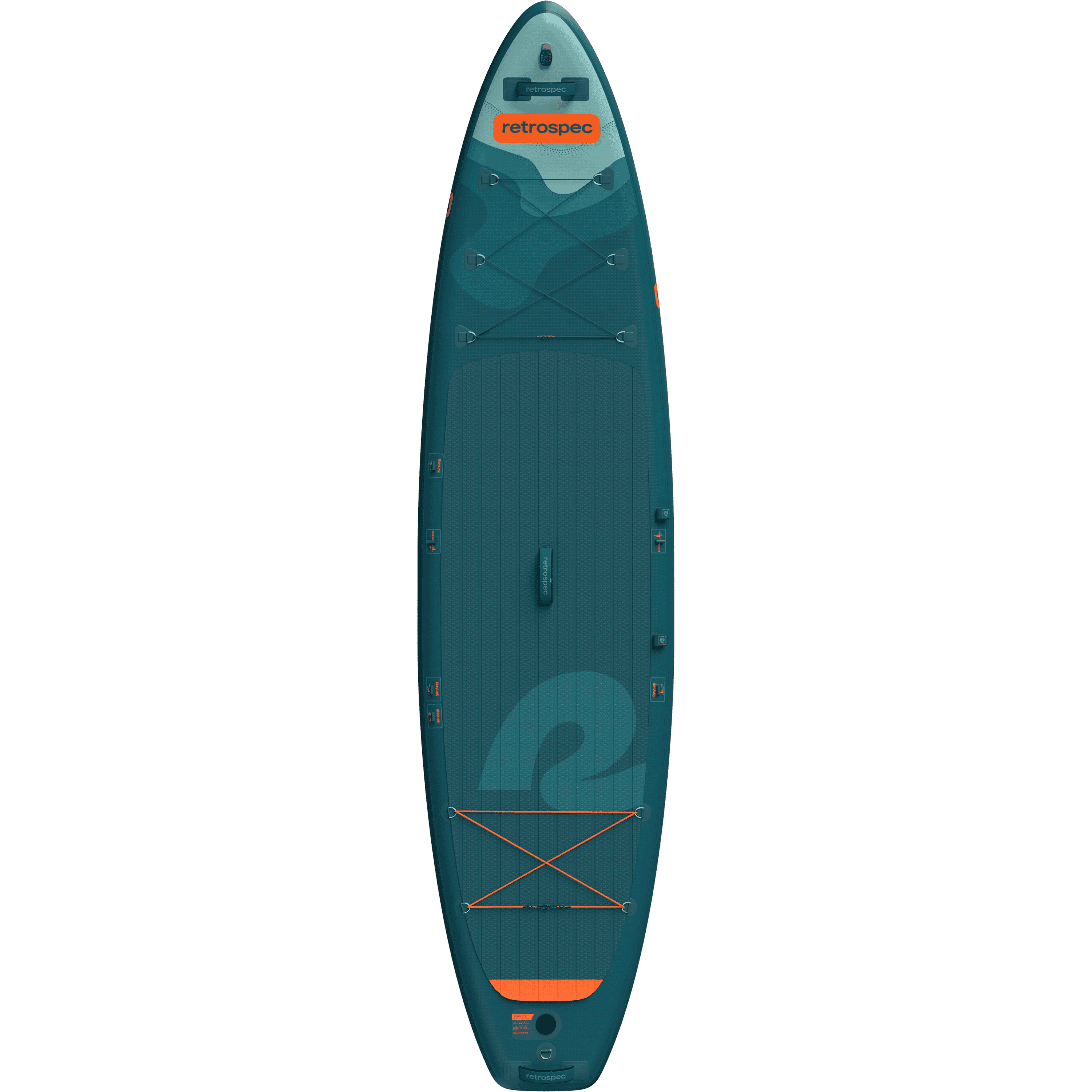 A teal Weekender Tour inflatable stand-up paddleboard with an orange logo, textured surface, and bungee cord storage, viewed from above.