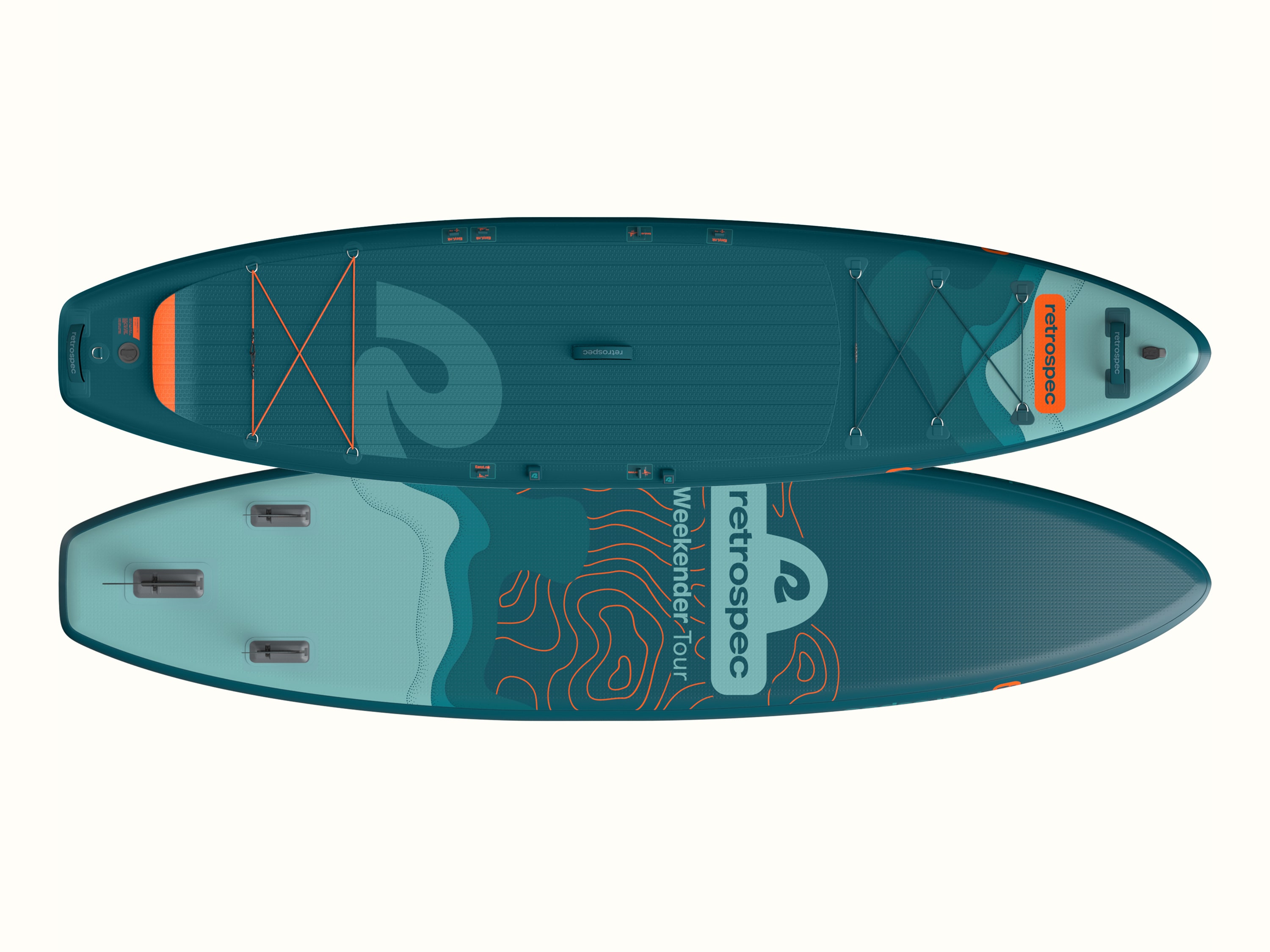 The top and bottom of the blue weekender tour inflatable paddle board with orange accents on white background.