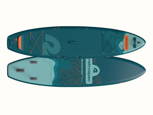 The top and bottom of the blue weekender tour inflatable paddle board with orange accents on white background.