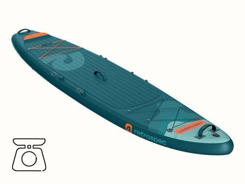 The blue weekender tour inflatable paddle board with orange accents on white background.
