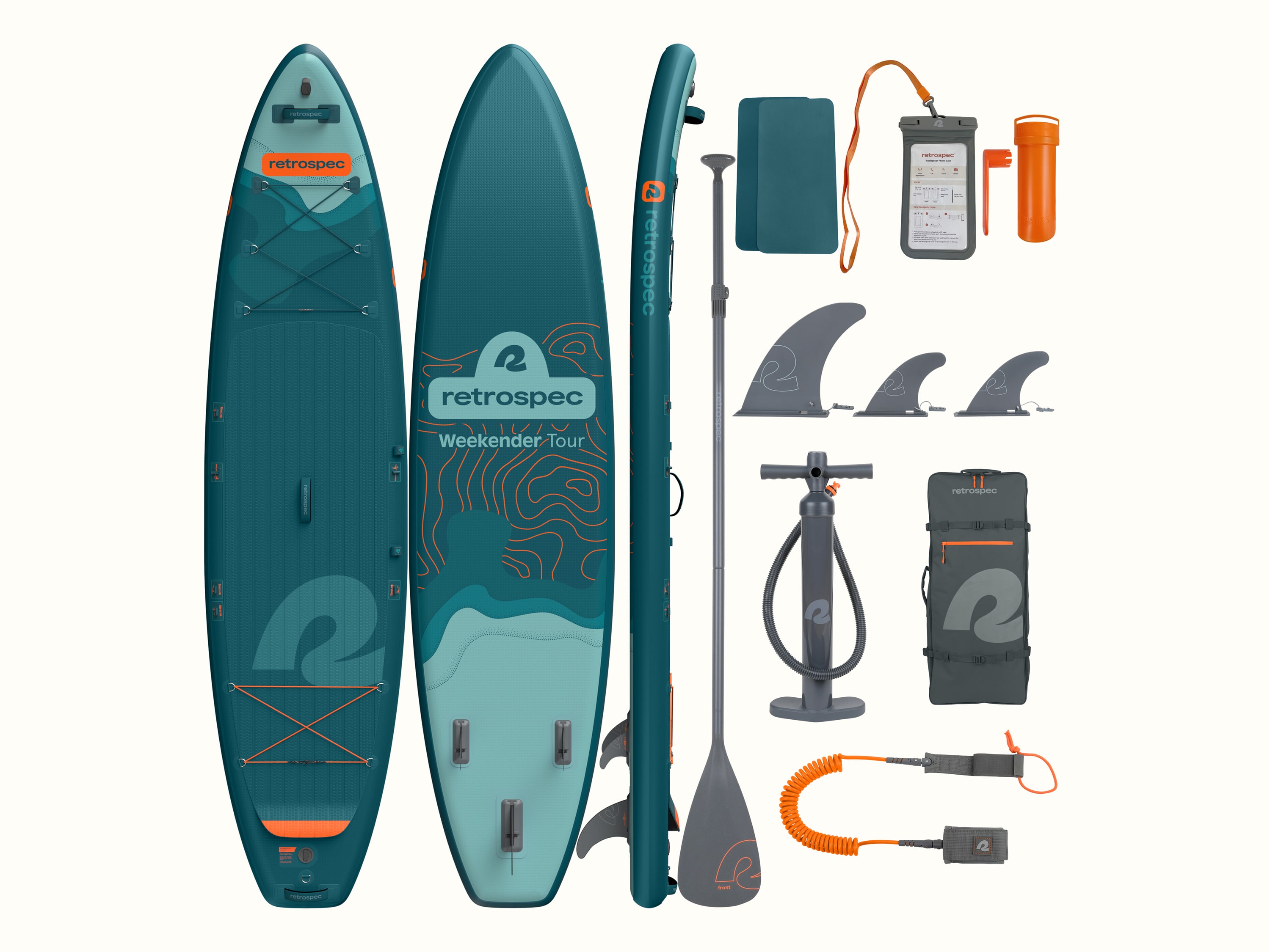The Weekender Tour iSUP with included accessories on a white background: paddle, floor pump, carry bag, leash, fins, repair kit, and waterproof phone case.