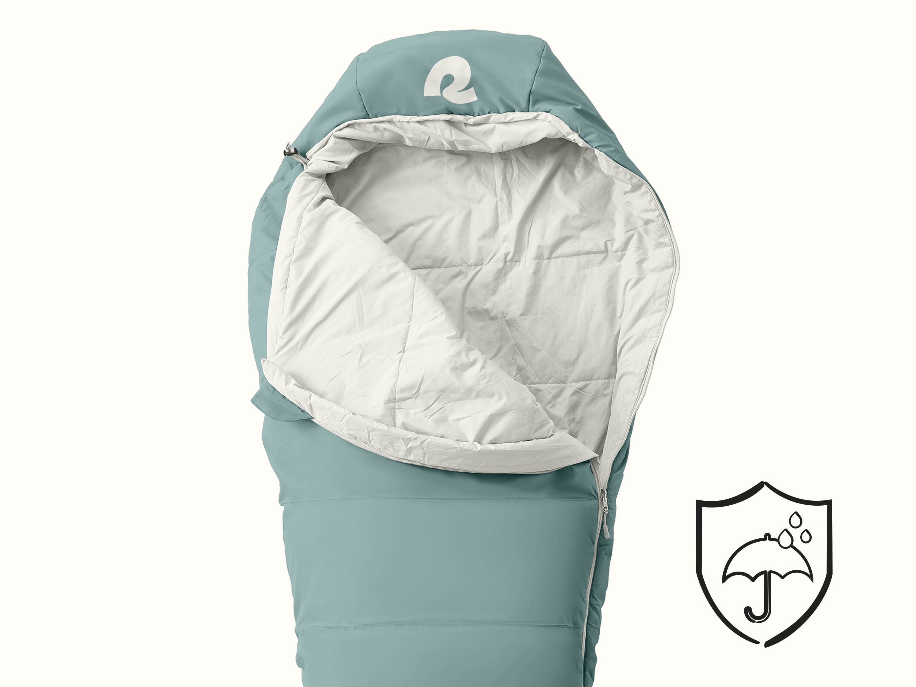 A teal sleeping bag with a white lining, partially unzipped, featuring a logo and a water-resistant shield icon.