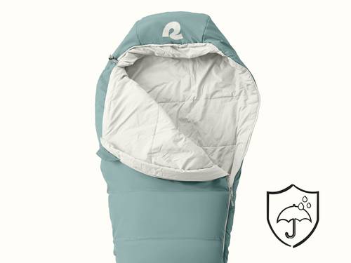 A teal sleeping bag with a white lining, partially unzipped, featuring a logo and a water-resistant shield icon.