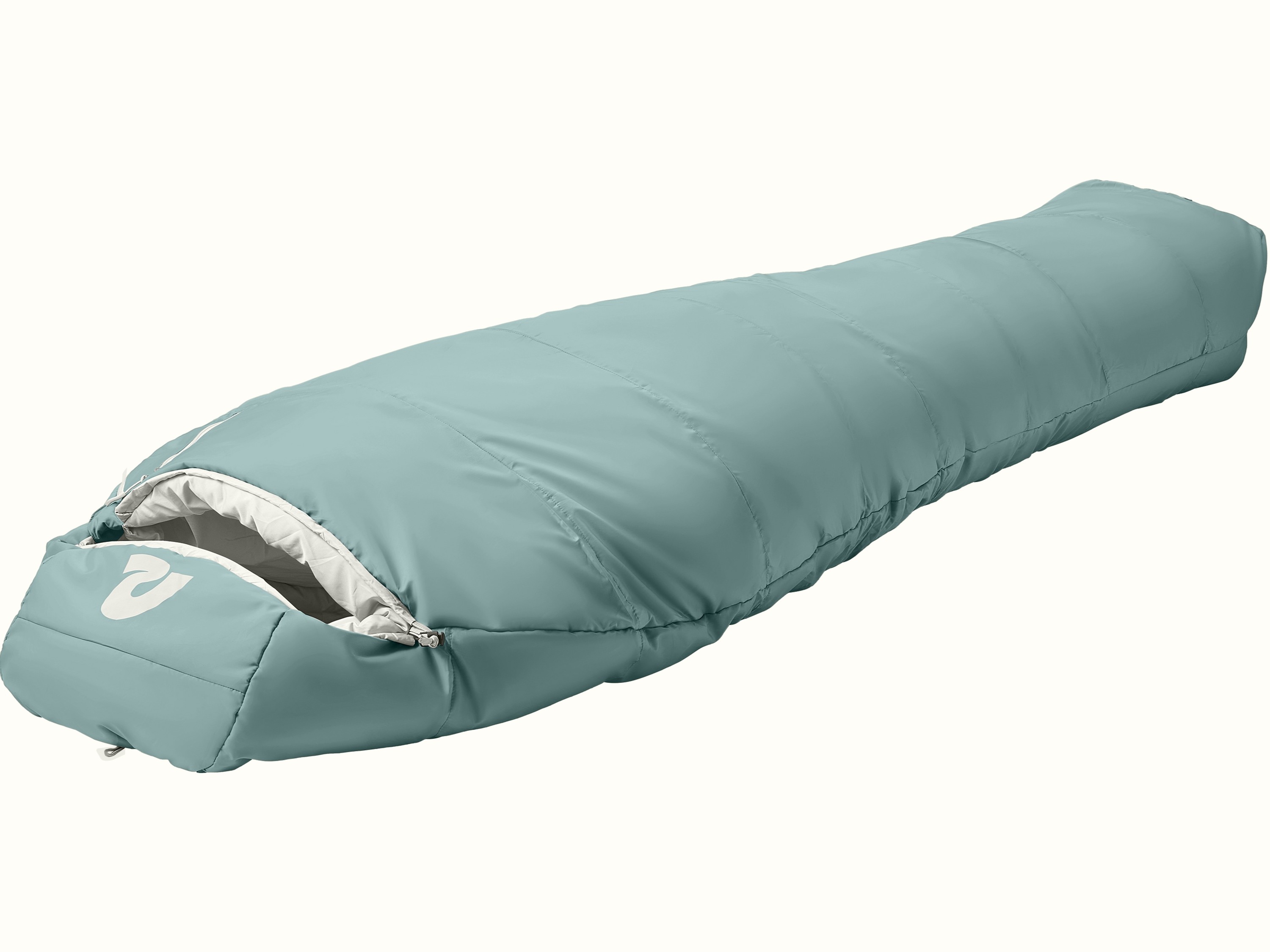A teal sleeping bag with a zippered opening, featuring a smooth, padded exterior, designed for outdoor use.