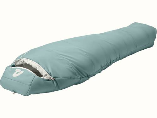A teal sleeping bag with a zippered opening, featuring a smooth, padded exterior, designed for outdoor use.