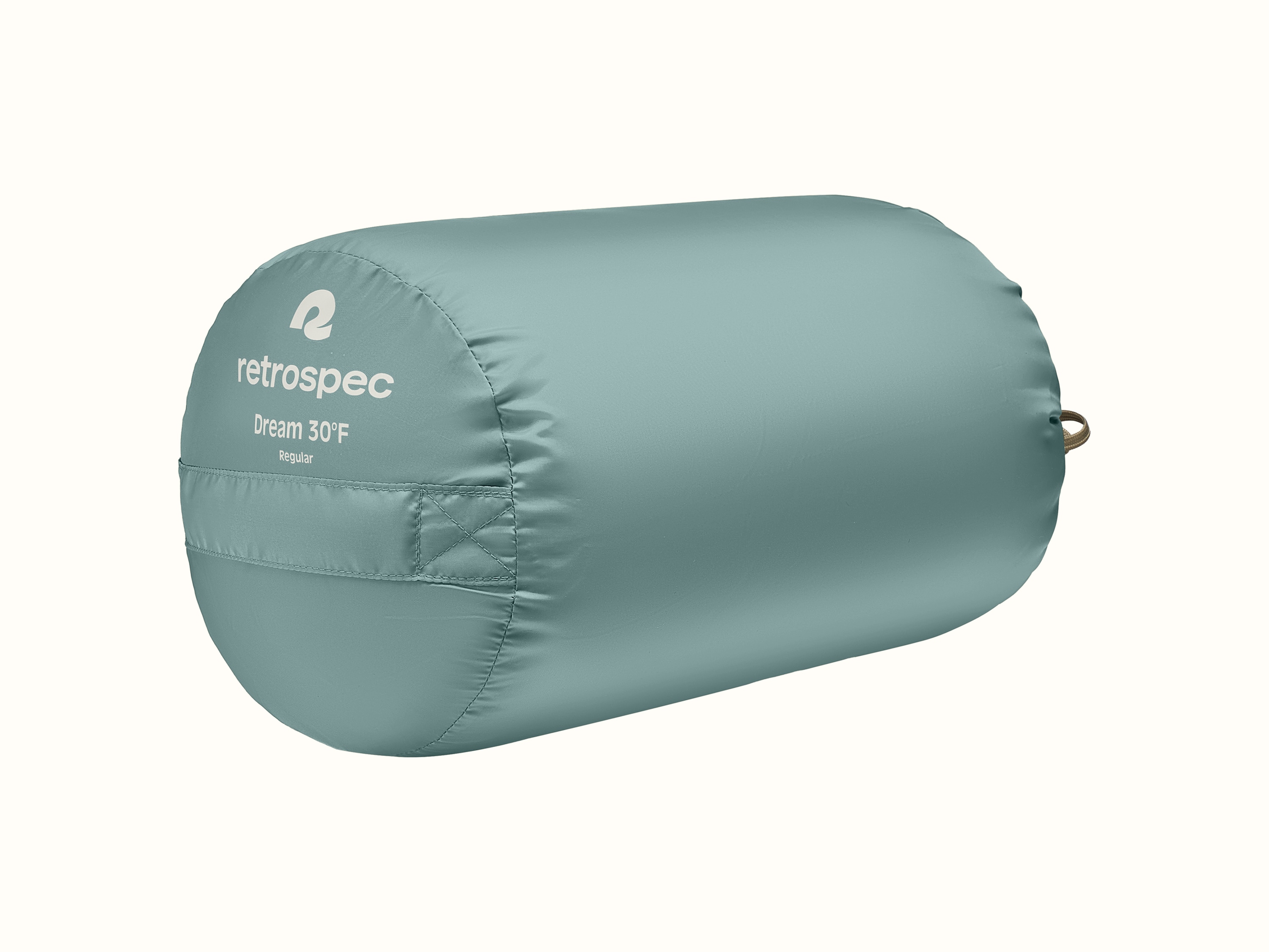 A teal sleeping bag labeled 