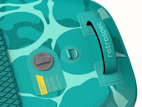 A close up of the tail on the Weekender Yogi Inflatable Paddle Board with a gray valve, D-Ring, and retrospec branded grab handle.