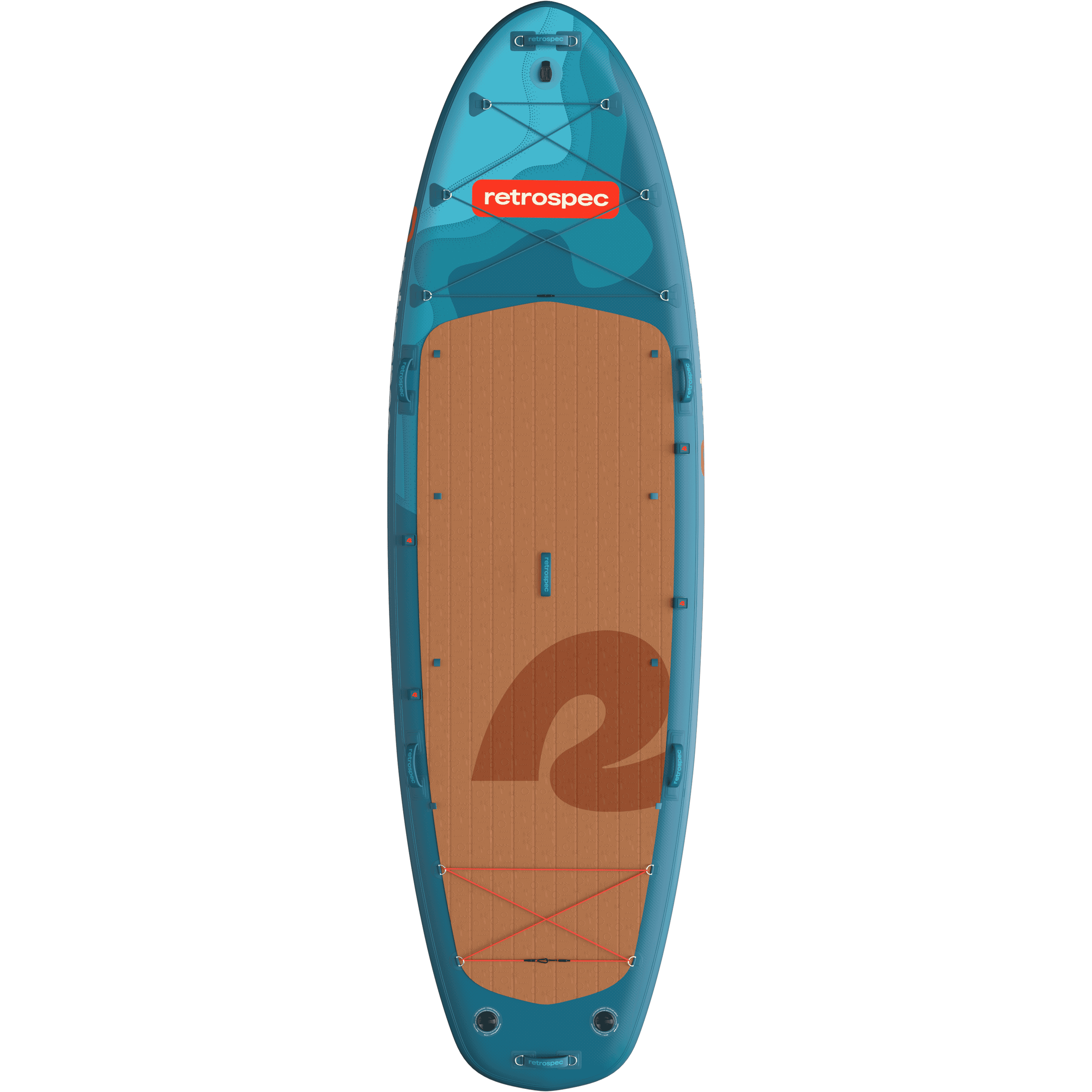 Weekender Crew Multi-Person Inflatable Stand Up Paddle Board 12’ in blue with red accents and a brown deck pad.
