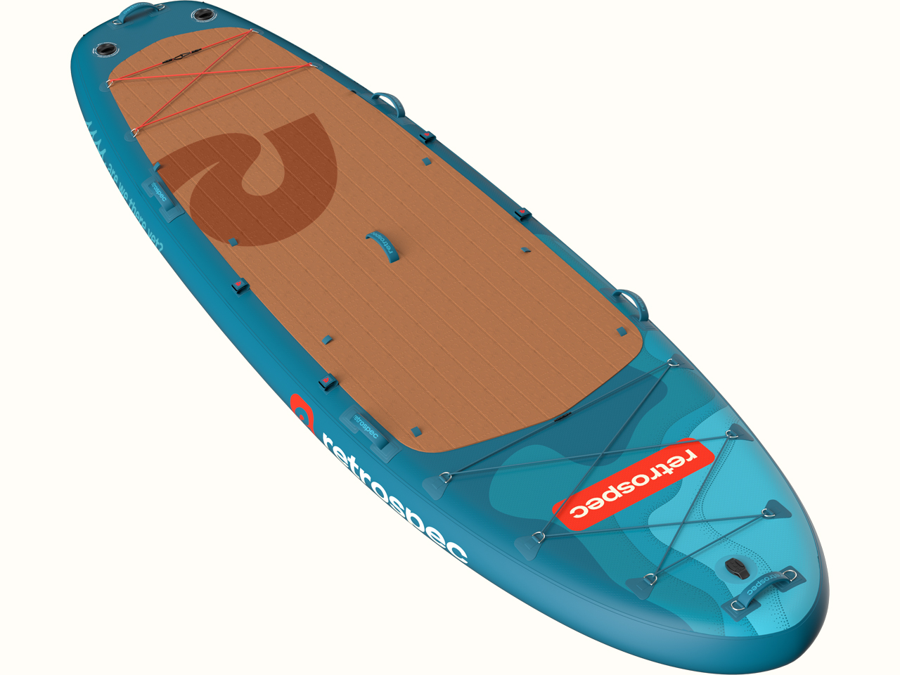 A top view of the Weekender Crew Multi-Person Inflatable Paddle Board in turquoise and brown, featuring a textured deck and elastic storage straps, ideal for water activities.