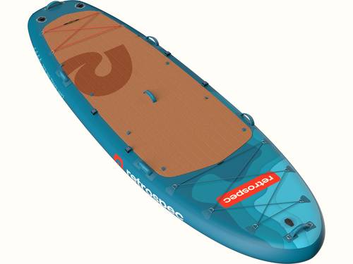 A top view of the Weekender Crew Multi-Person Inflatable Paddle Board in turquoise and brown, featuring a textured deck and elastic storage straps, ideal for water activities.