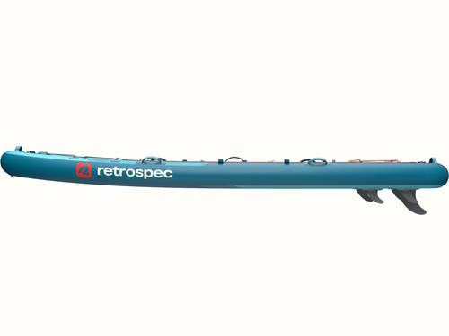 A side profile of the Weekender Crew Multi-Person Inflatable Paddle Board in turquoise and brown, ideal for water activities.