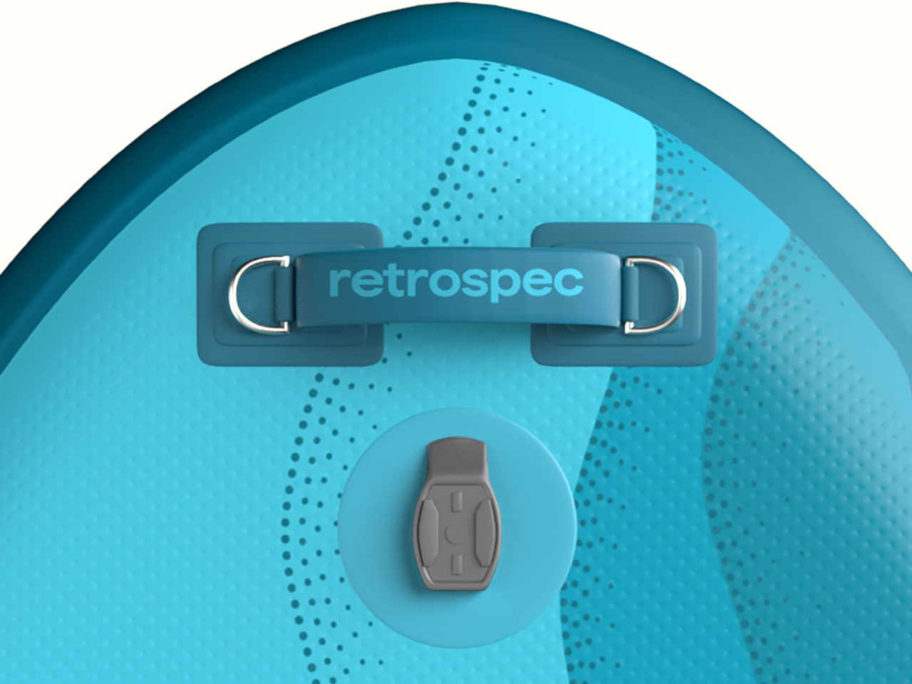 A close-up of the nose of the Weekender Crew Multi-Person Inflatable Paddle Board showcasing its grab handle, D-Rings and M6 thread for attaching an action camera or other accessories.