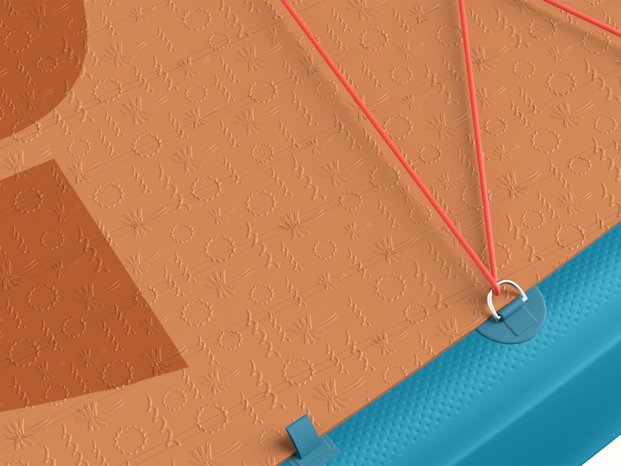 A close-up of the brown textured deck pad featuring a palm tree, waves, and sun design.