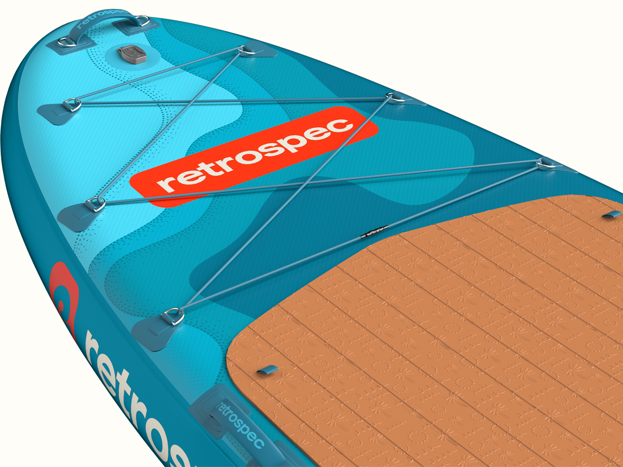 A close-up of the retrospec Weekender Crew Multi-Person Inflatable Paddle Board with a red brand logo and bungee storage area.