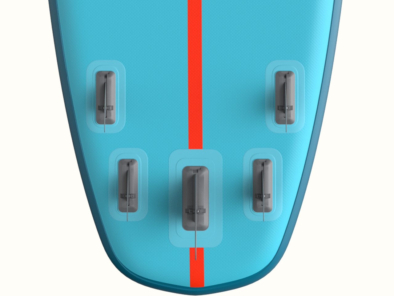 The underside of the Weekender Crew Multi-Person Inflatable Paddle Board showcasing five slide-in grey fins.